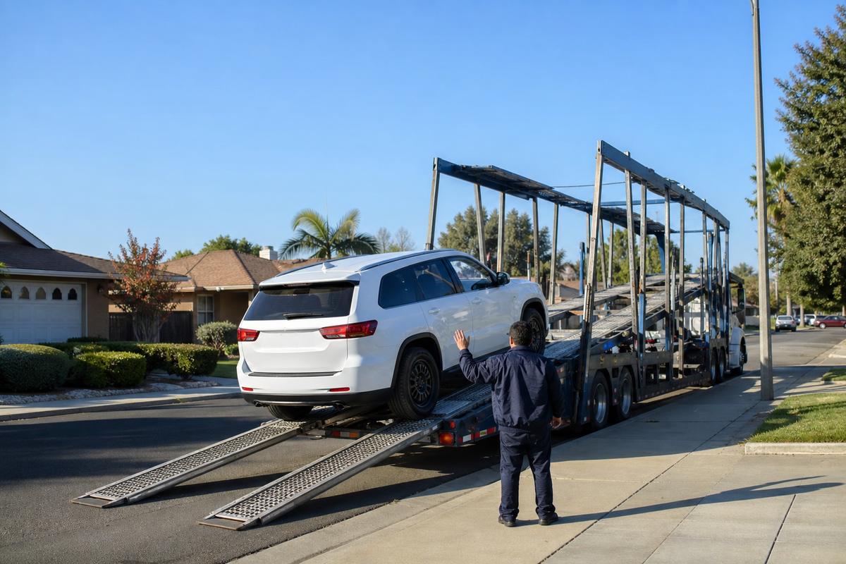 An SUV being driven up the ramps onto an open carrier at the curb
