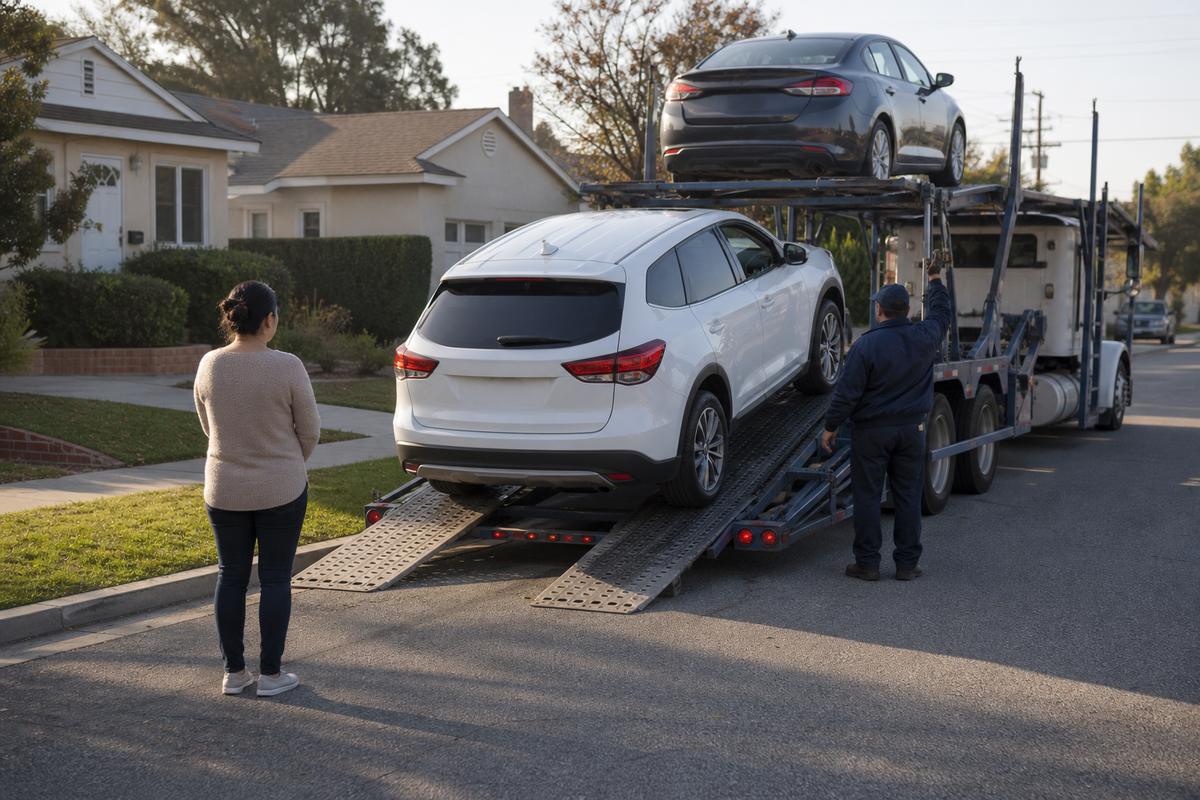 Car delivery in Fullerton An SUV being driven down the ramps off an open carrier at delivery