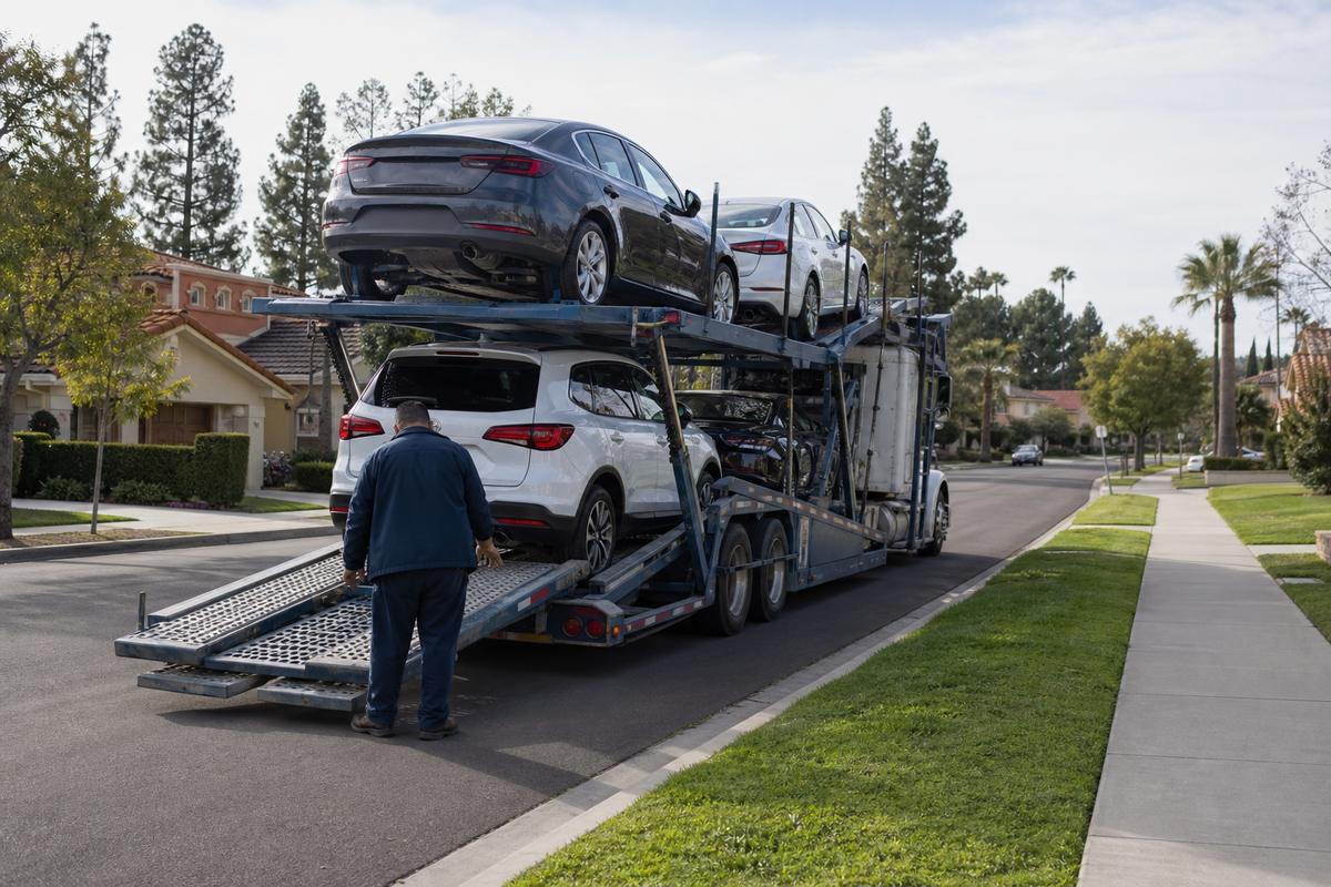 Car shipping in Fullerton An open auto carrier unloading on a residential street