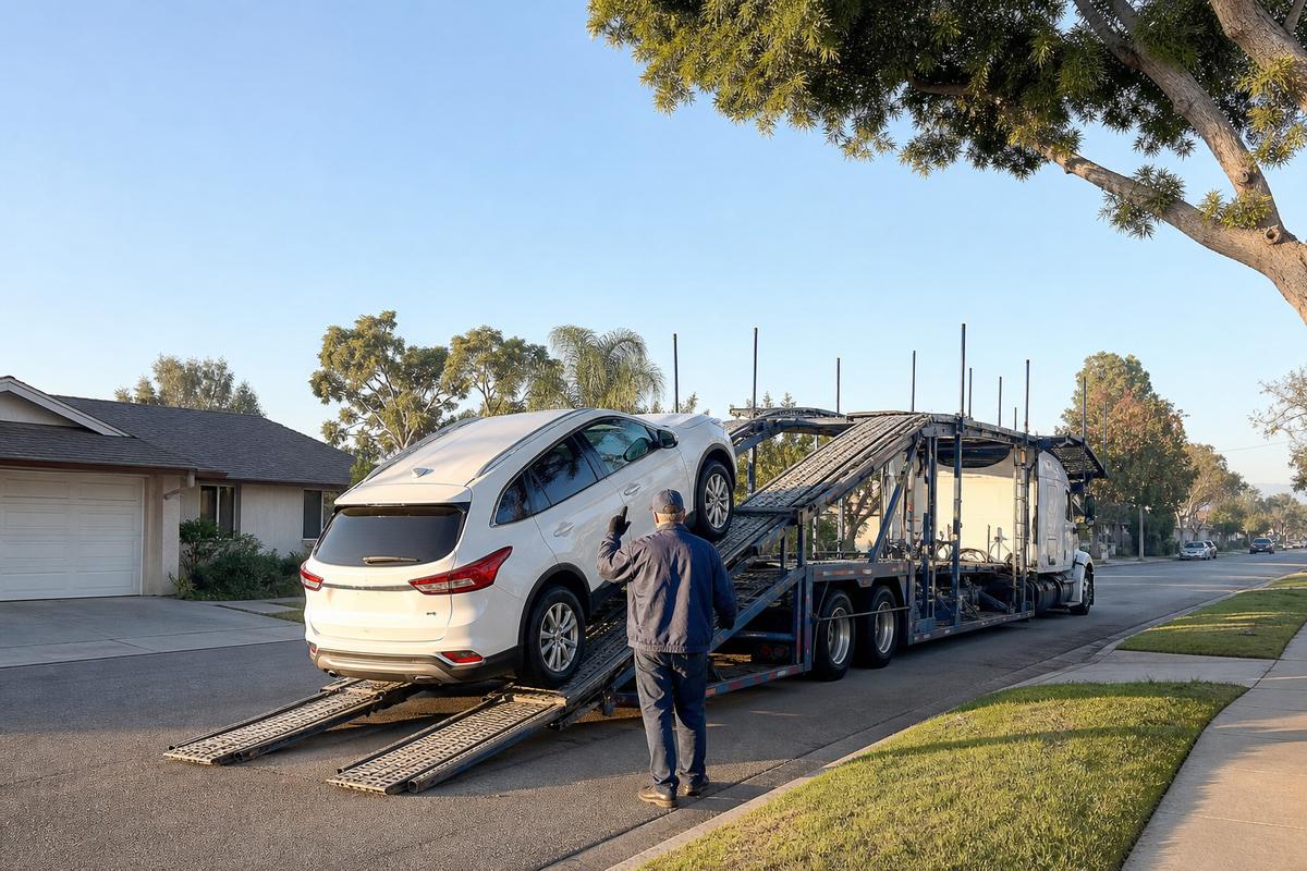 Car pickup in Fullerton An SUV being driven up the ramps onto an open carrier at the curb