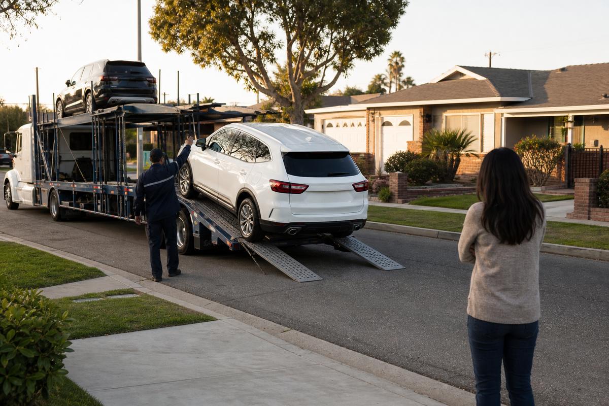 Car delivery in Garden Grove An SUV being driven down the ramps off an open carrier at delivery