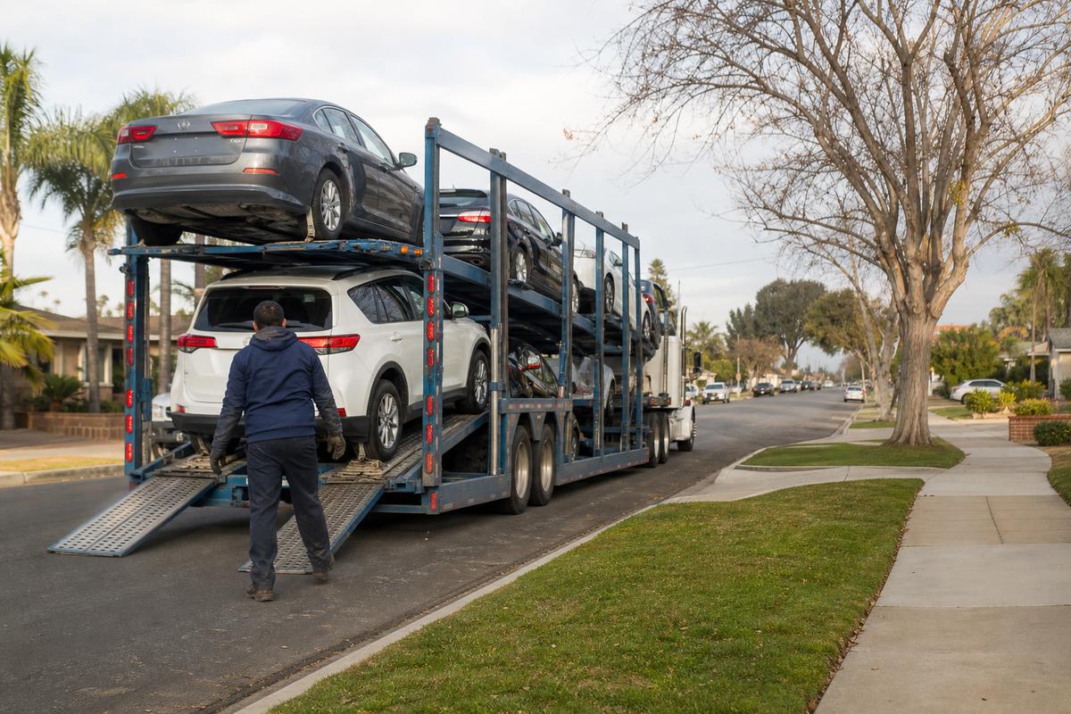 Car shipping in Garden Grove An open auto carrier unloading on a residential street