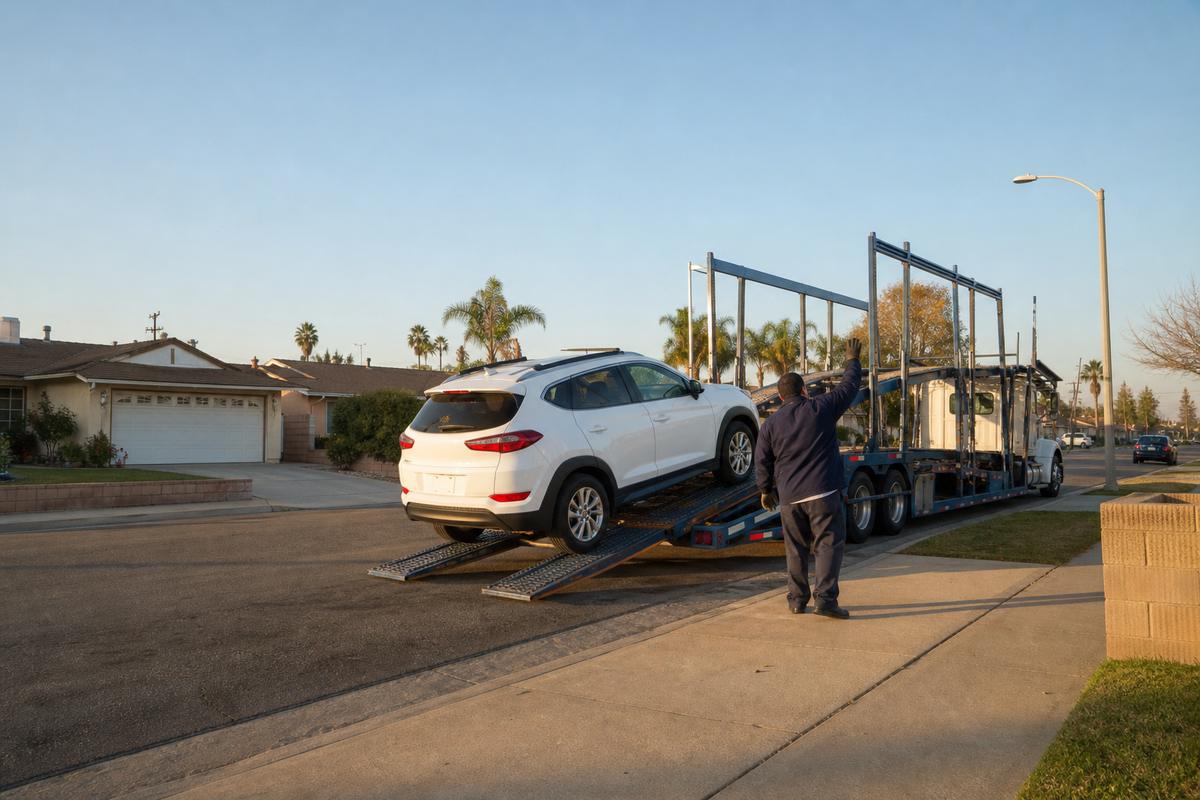 Car pickup in Garden Grove An SUV being driven up the ramps onto an open carrier at the curb