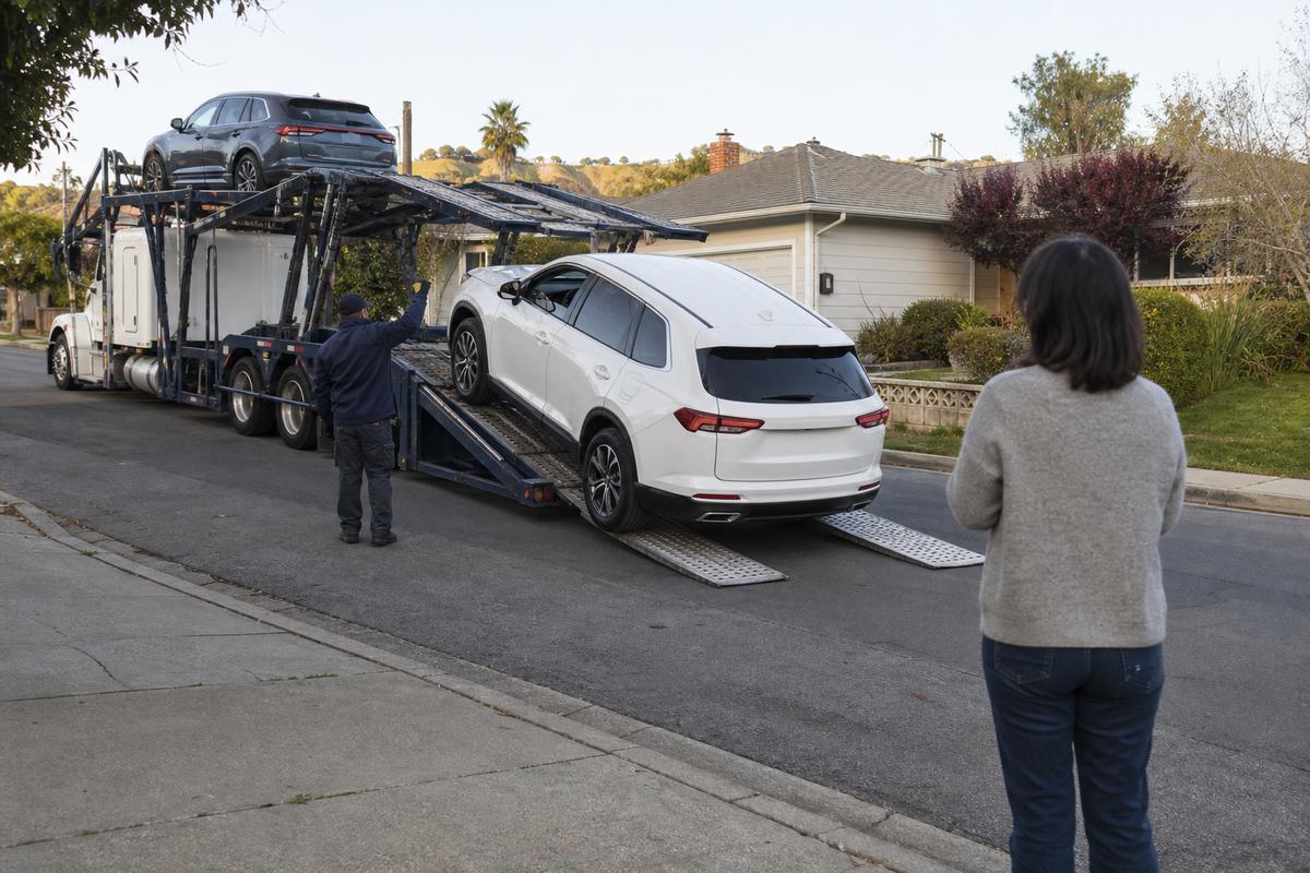 Car delivery in Hayward An SUV being driven down the ramps off an open carrier at delivery