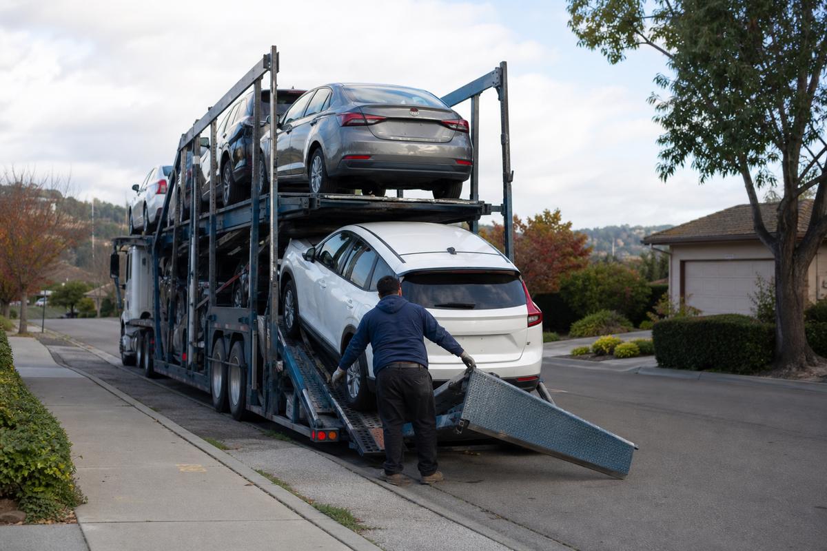 Car shipping in Hayward An open auto carrier unloading on a residential street