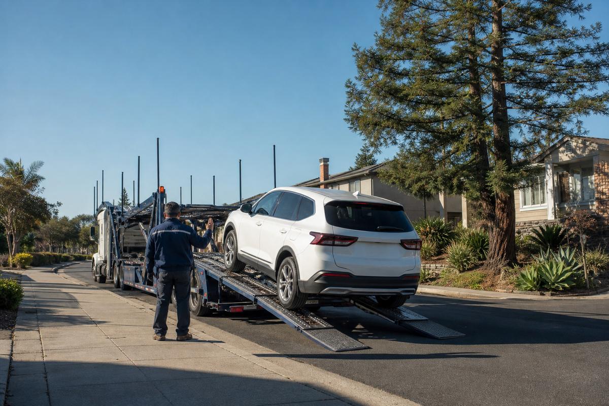 Car pickup in Hayward An SUV being driven up the ramps onto an open carrier at the curb