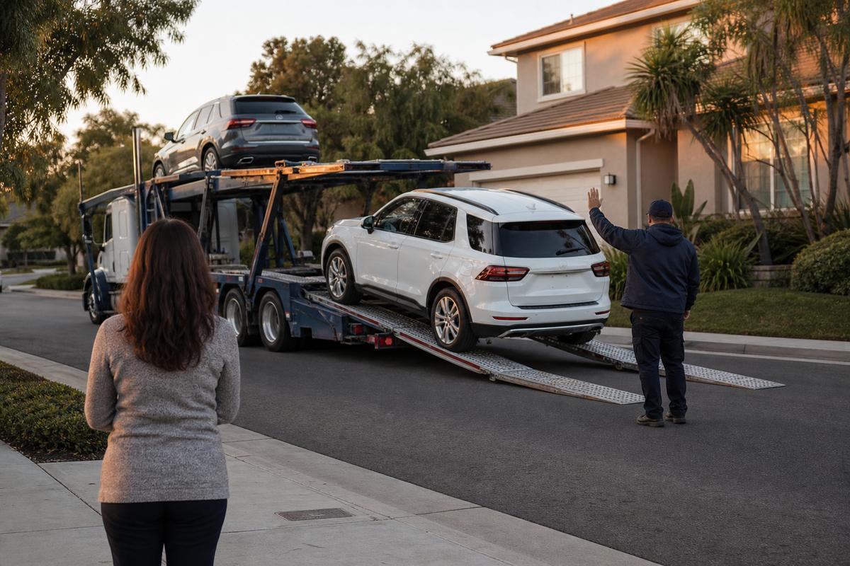 Car delivery in Irvine An SUV being driven down the ramps off an open carrier at delivery