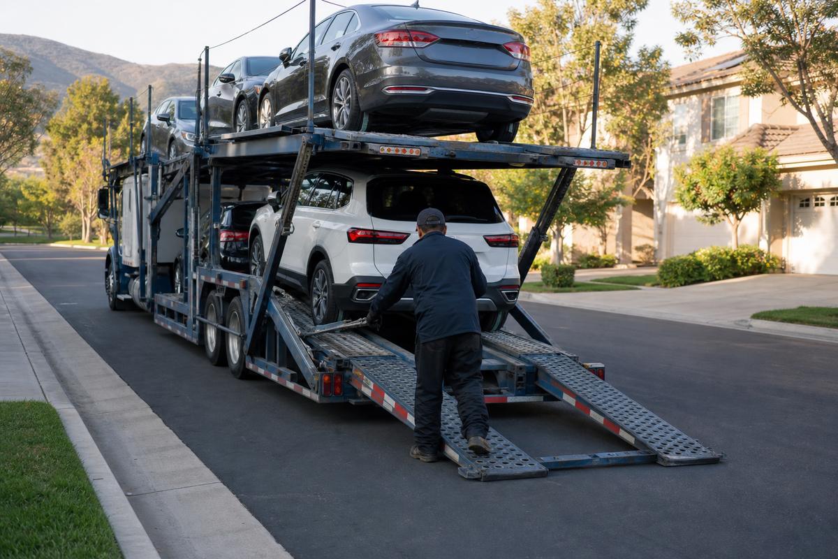 Car shipping in Irvine An open auto carrier unloading on a residential street