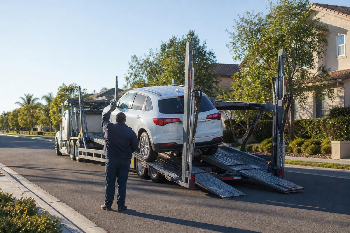 Car pickup in Irvine An SUV being driven up the ramps onto an open carrier at the curb