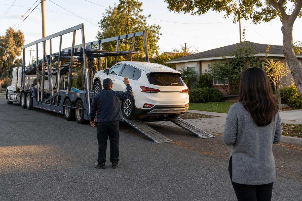 An SUV being driven down the ramps off an open carrier at delivery