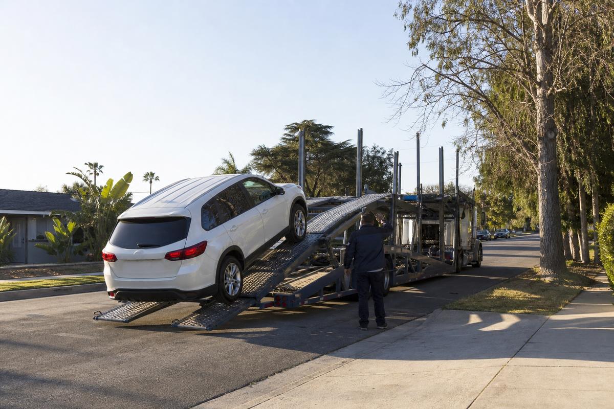 An SUV being driven up the ramps onto an open carrier at the curb