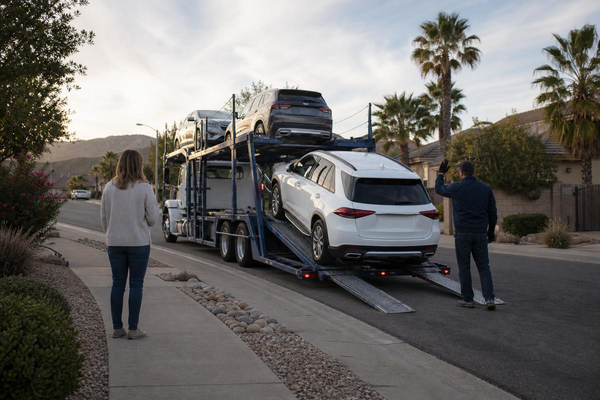 Car delivery in Menifee An SUV being driven down the ramps off an open carrier at delivery