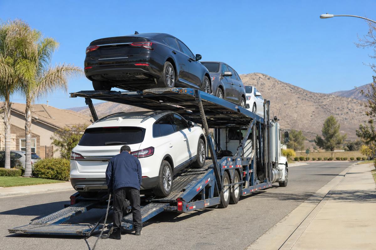 Car shipping in Menifee An open auto carrier unloading on a residential street