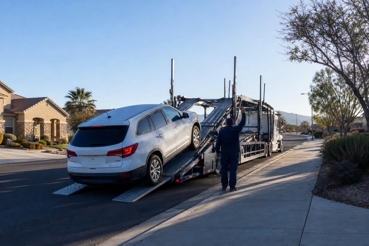 Car pickup in Menifee An SUV being driven up the ramps onto an open carrier at the curb