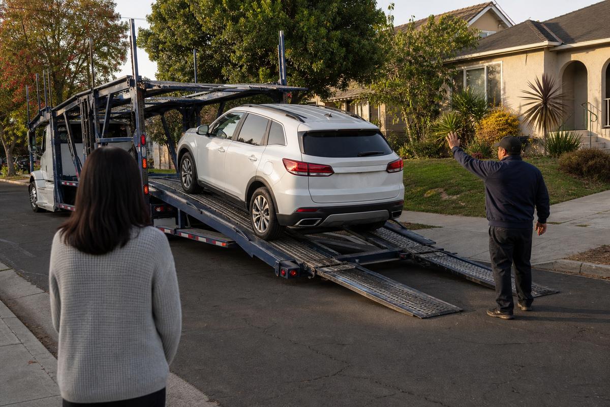 An SUV being driven down the ramps off an open carrier at delivery
