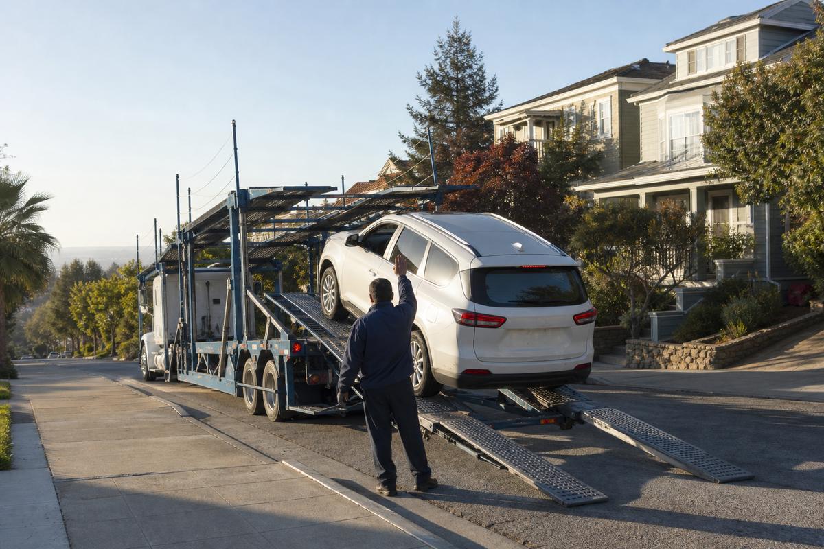 An SUV being driven up the ramps onto an open carrier at the curb