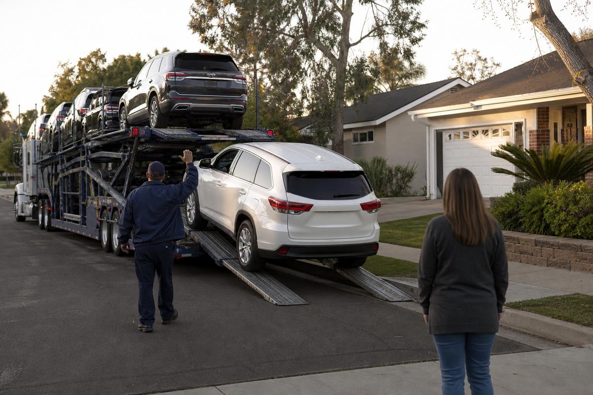 Car delivery in Orange An SUV being driven down the ramps off an open carrier at delivery