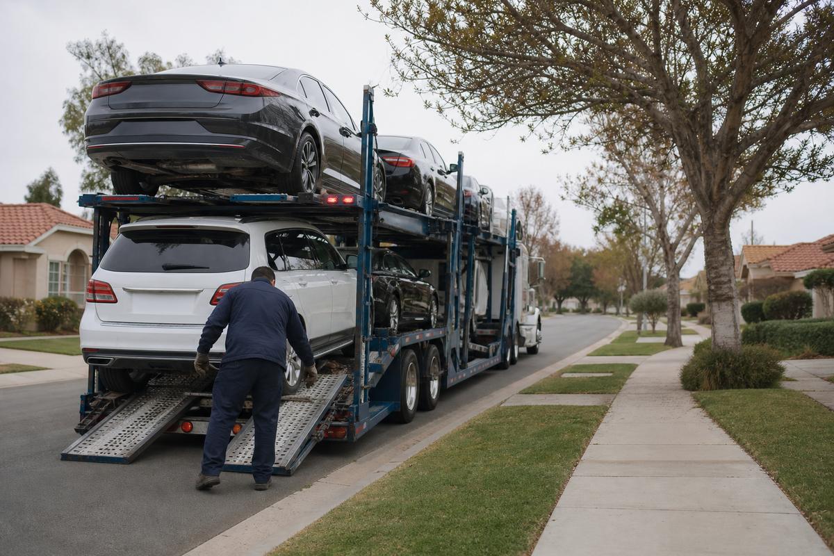 Car shipping in Orange An open auto carrier unloading on a residential street