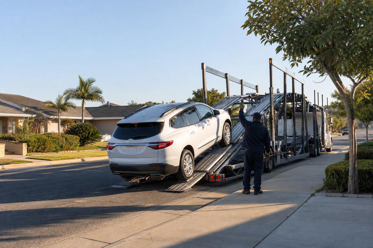 Car pickup in Orange An SUV being driven up the ramps onto an open carrier at the curb