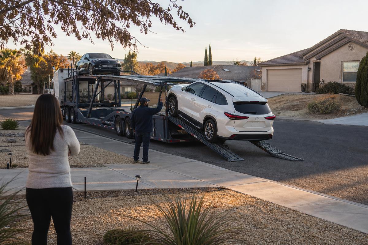 Car delivery in Palmdale An SUV being driven down the ramps off an open carrier at delivery