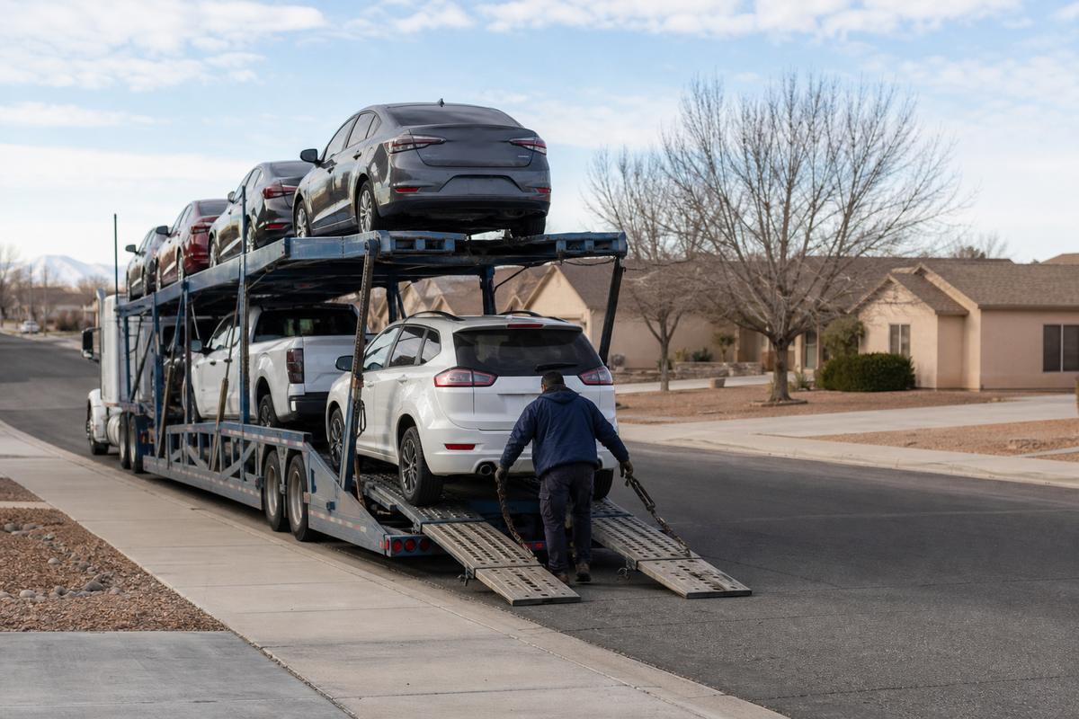 Car shipping in Palmdale An open auto carrier unloading on a residential street