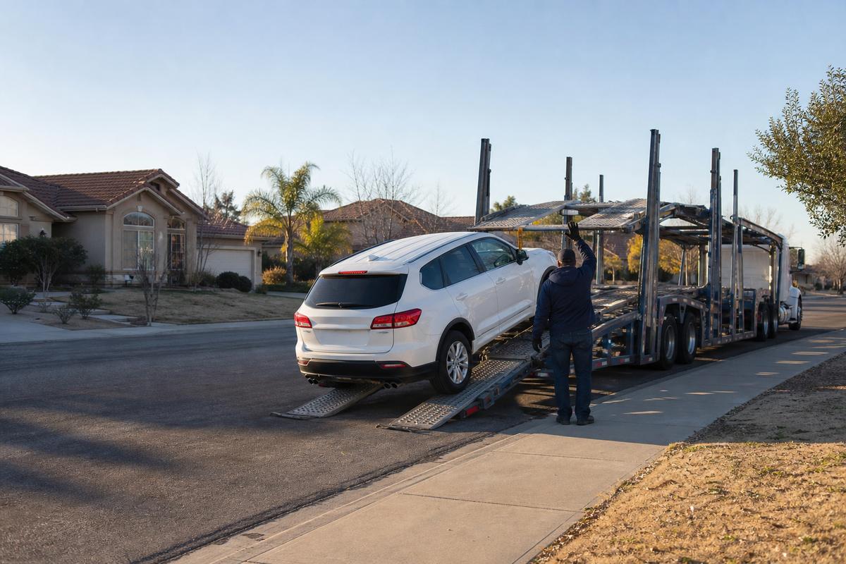 Car pickup in Palmdale An SUV being driven up the ramps onto an open carrier at the curb