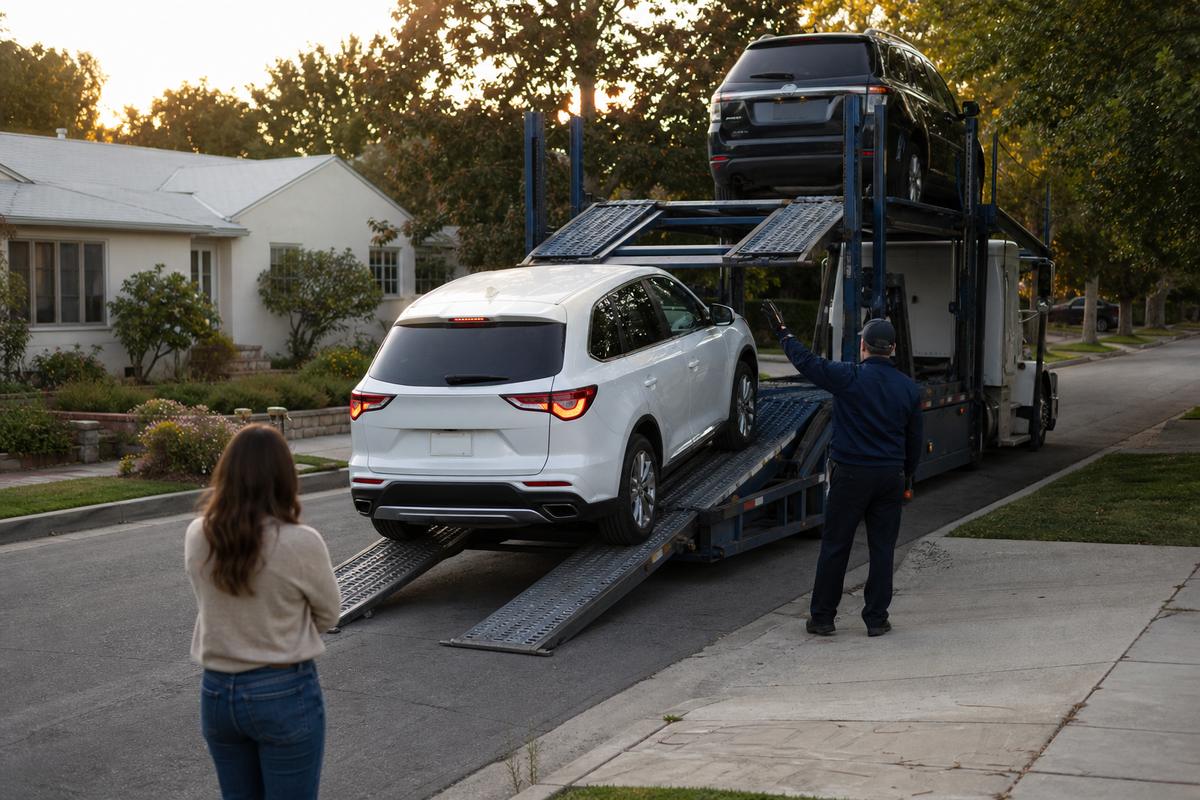 Car delivery in Pasadena An SUV being driven down the ramps off an open carrier at delivery