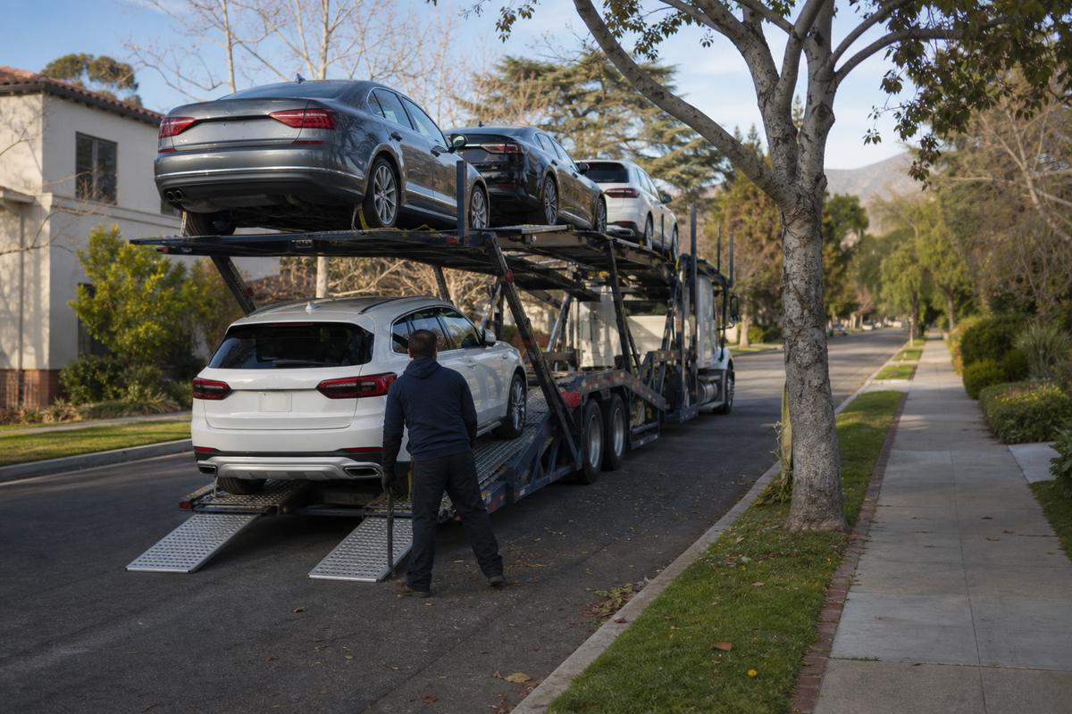 Car shipping in Pasadena An open auto carrier unloading on a residential street