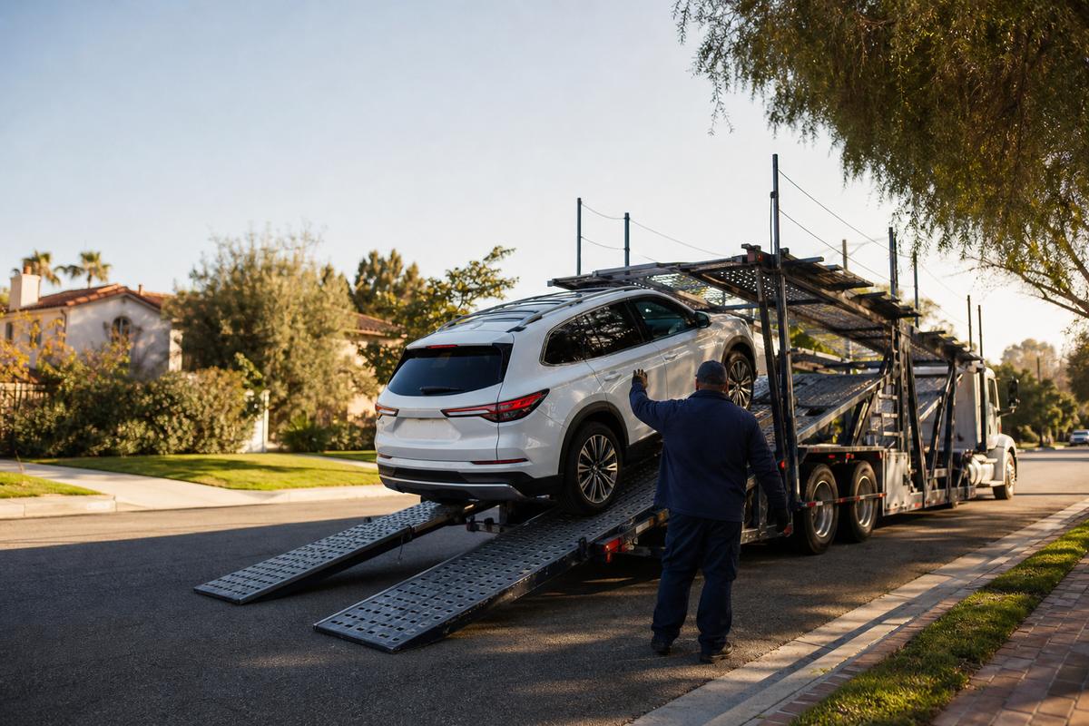 Car pickup in Pasadena An SUV being driven up the ramps onto an open carrier at the curb