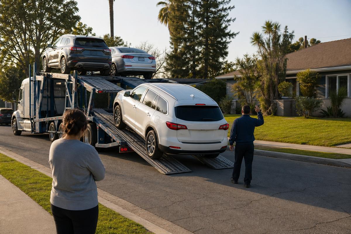 Car delivery in Pomona An SUV being driven down the ramps off an open carrier at delivery