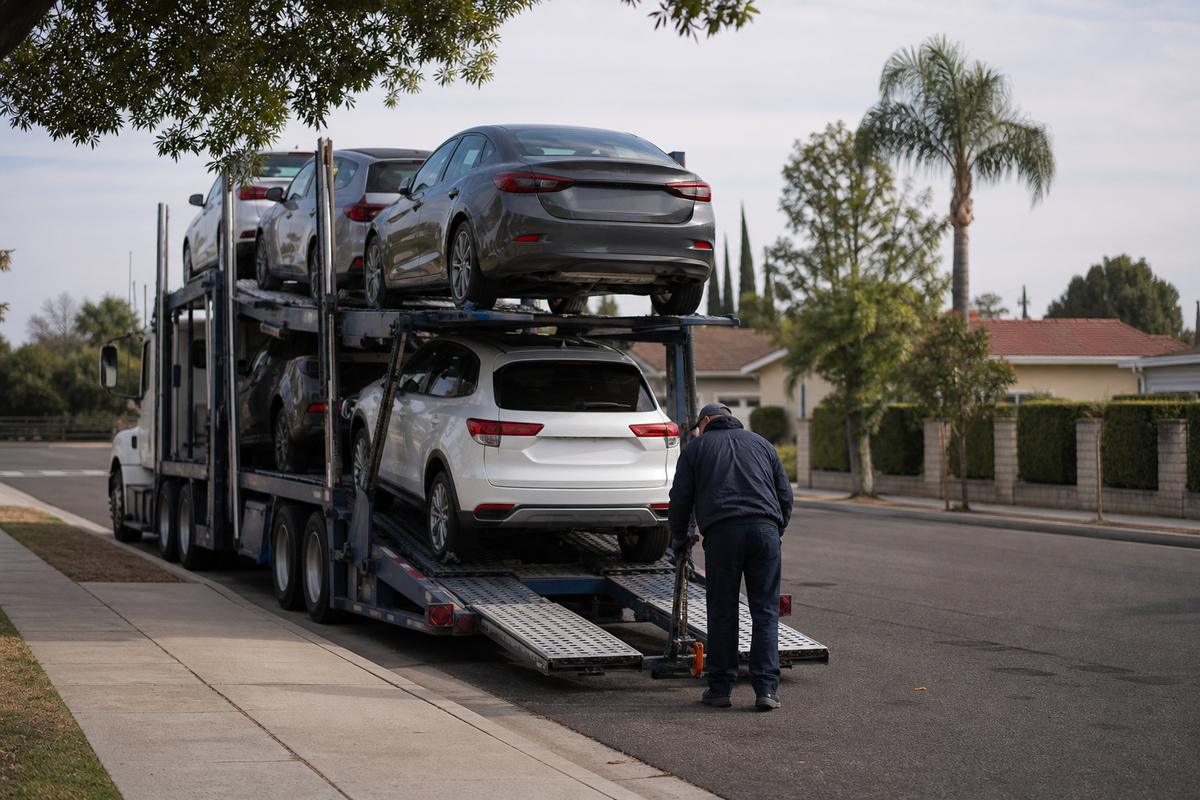 Car shipping in Pomona An open auto carrier unloading on a residential street