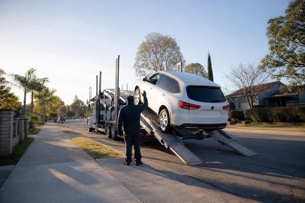Car pickup in Pomona An SUV being driven up the ramps onto an open carrier at the curb