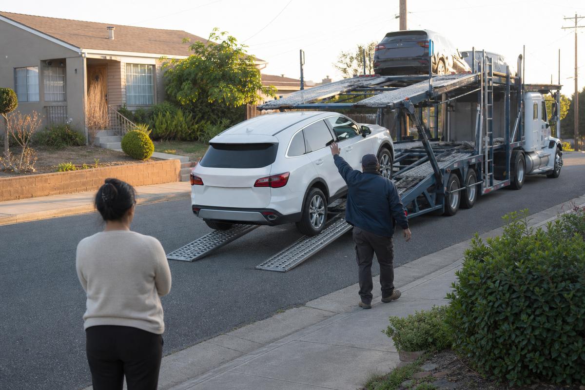 Car delivery in Richmond An SUV being driven down the ramps off an open carrier at delivery