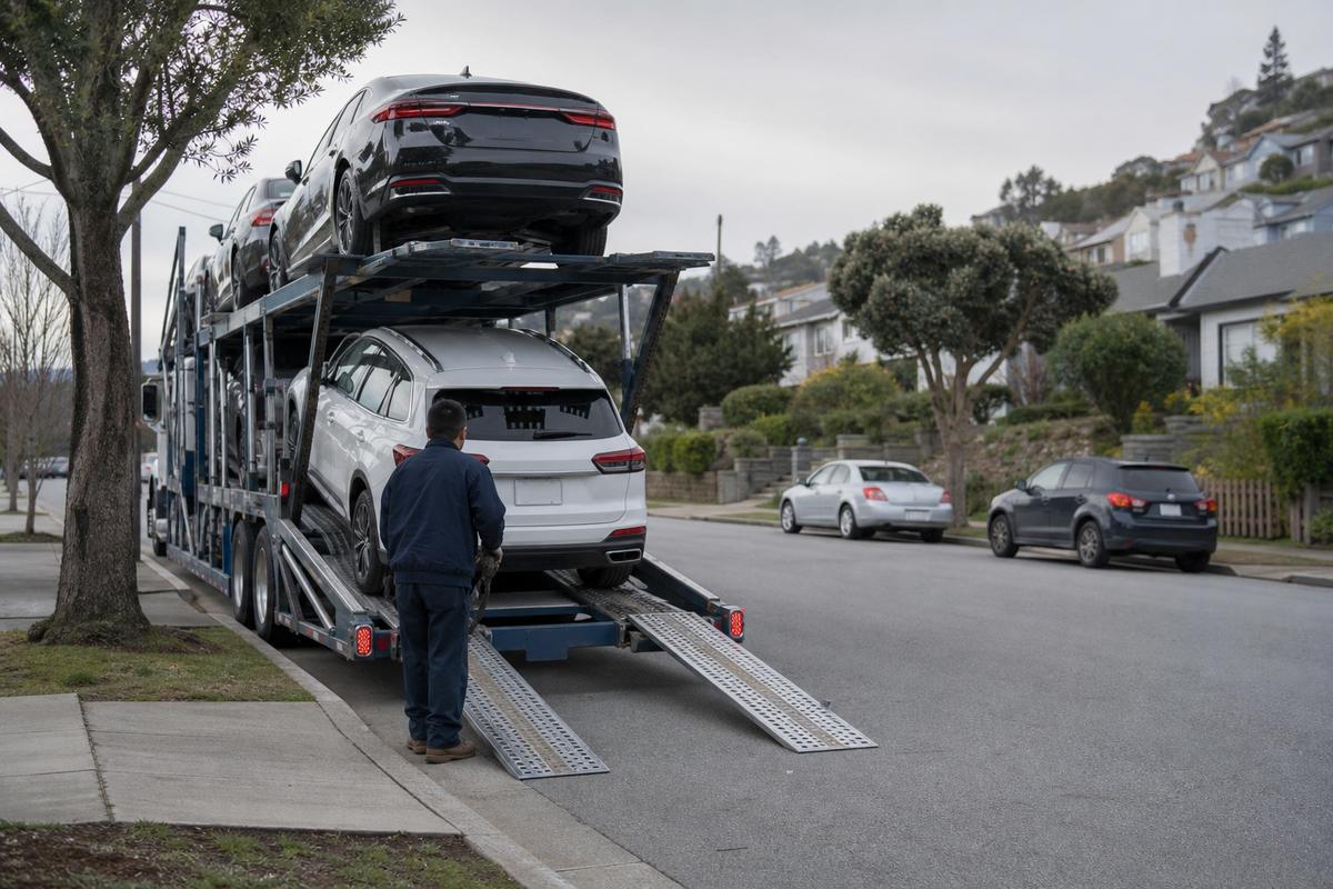 Car shipping in Richmond An open auto carrier unloading on a residential street