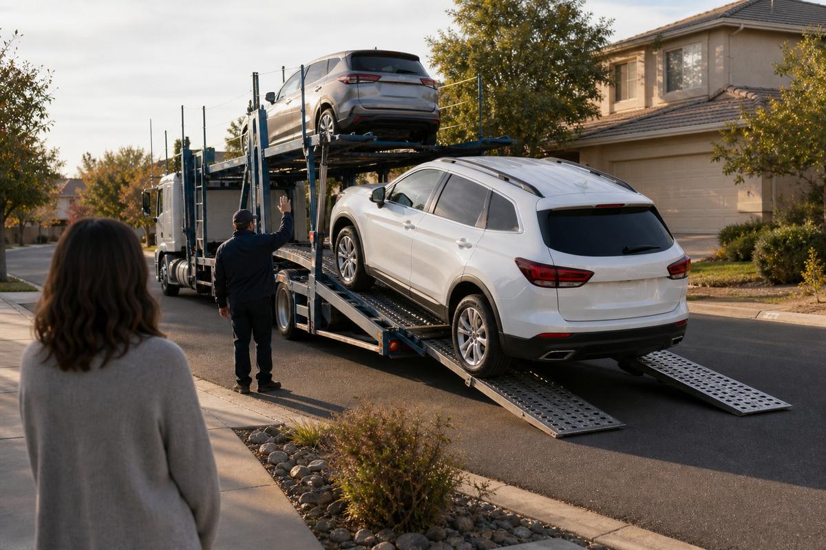 Car delivery in Roseville An SUV being driven down the ramps off an open carrier at delivery