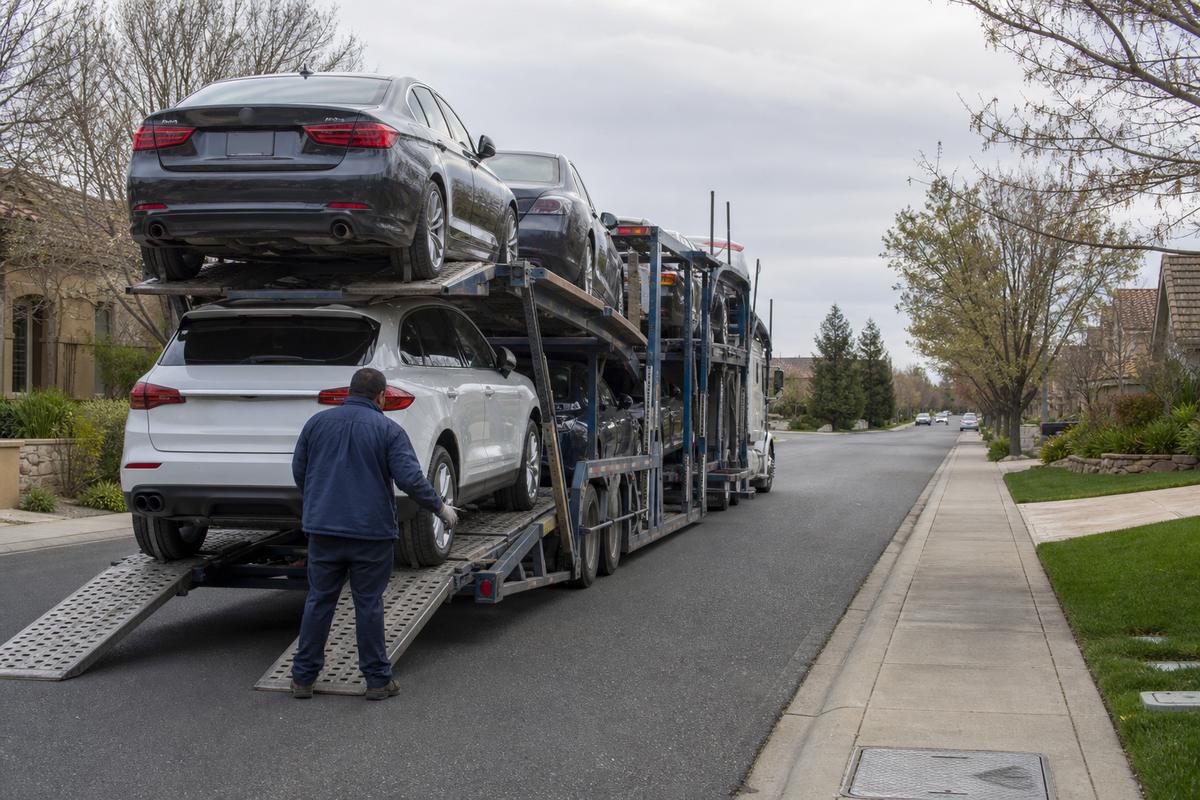 Car shipping in Roseville An open auto carrier unloading on a residential street