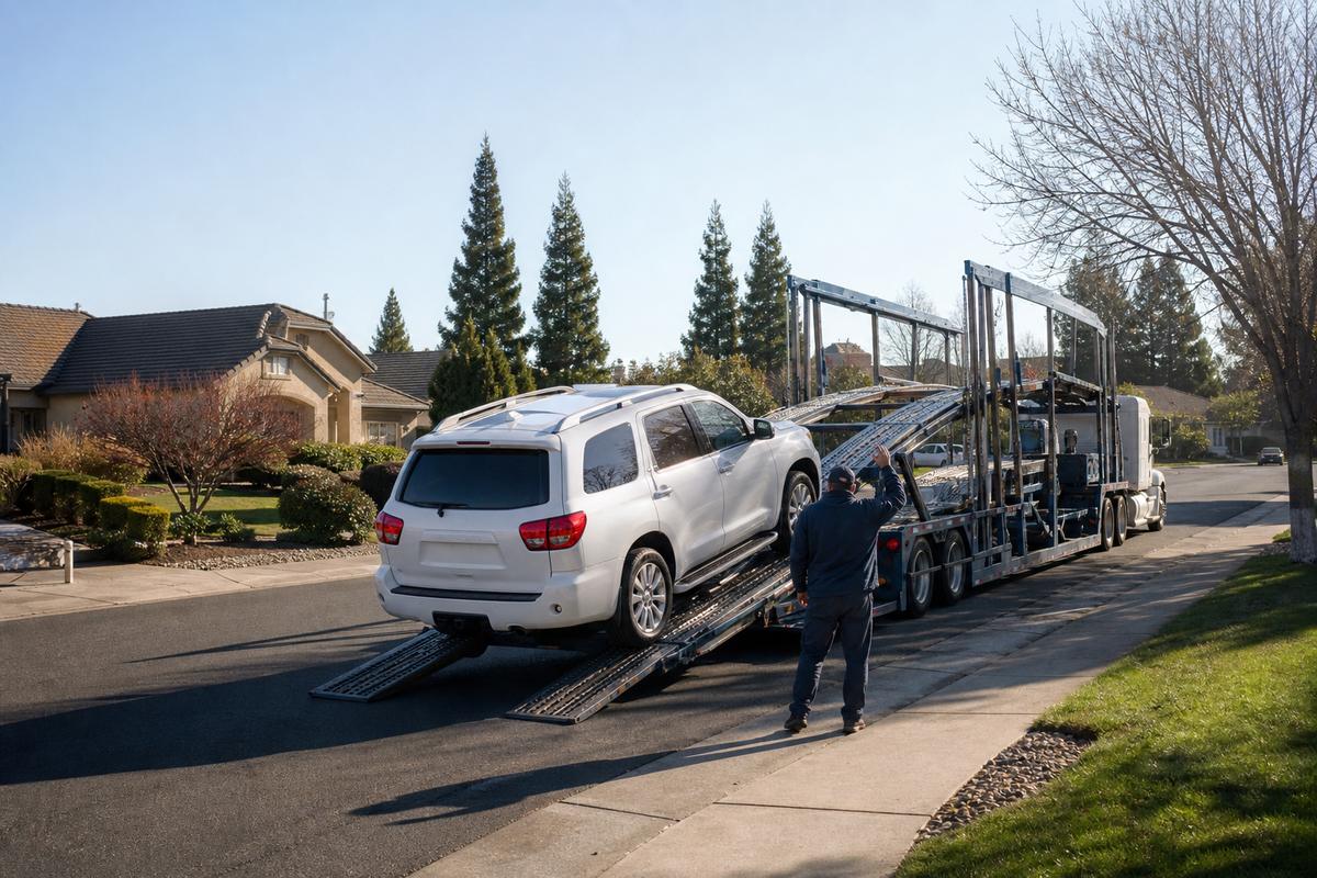 Car pickup in Roseville An SUV being driven up the ramps onto an open carrier at the curb