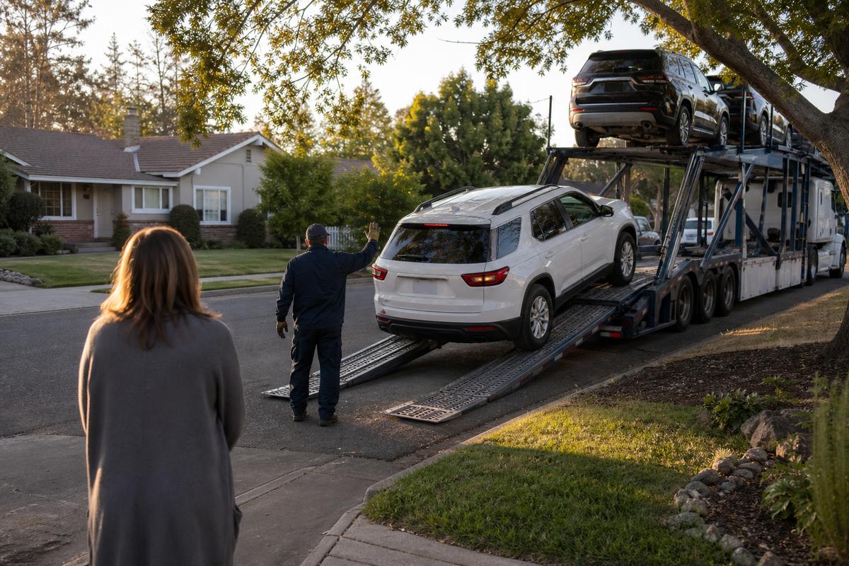 An SUV being driven down the ramps off an open carrier at delivery