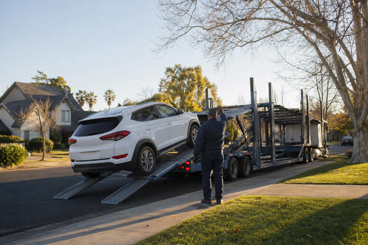 An SUV being driven up the ramps onto an open carrier at the curb