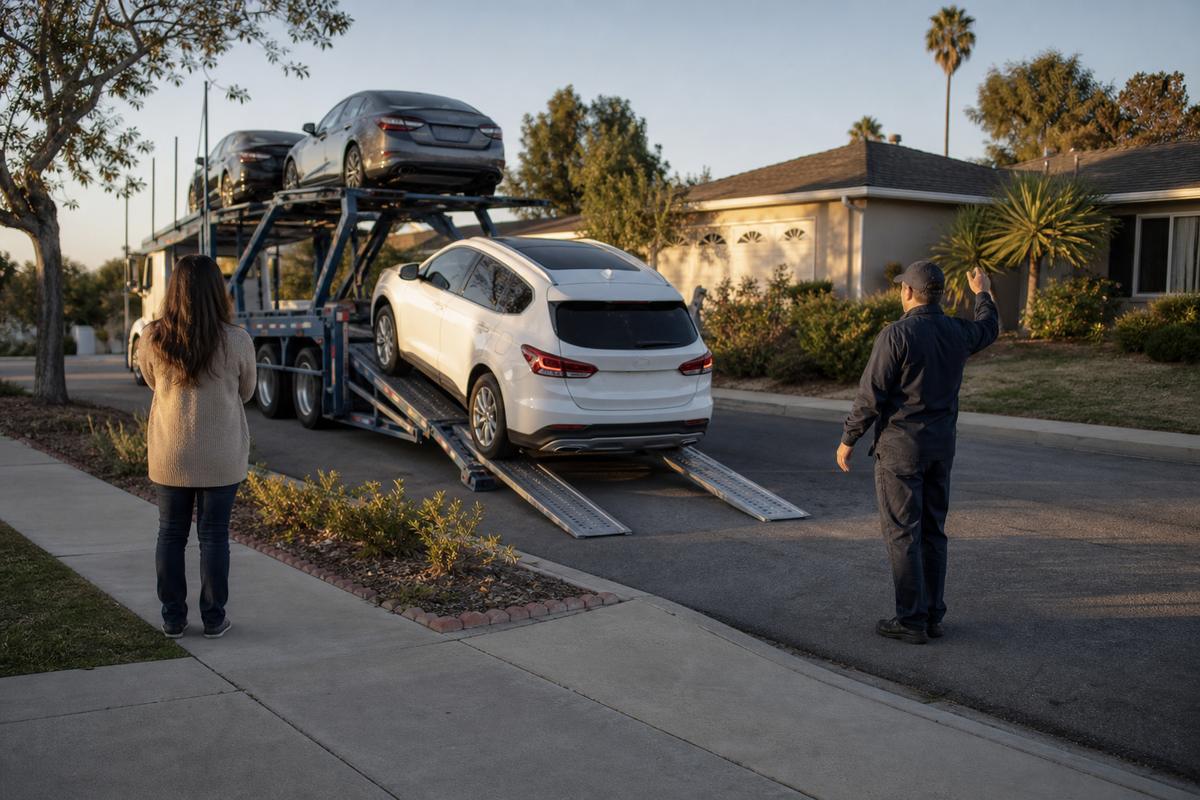 An SUV being driven down the ramps off an open carrier at delivery