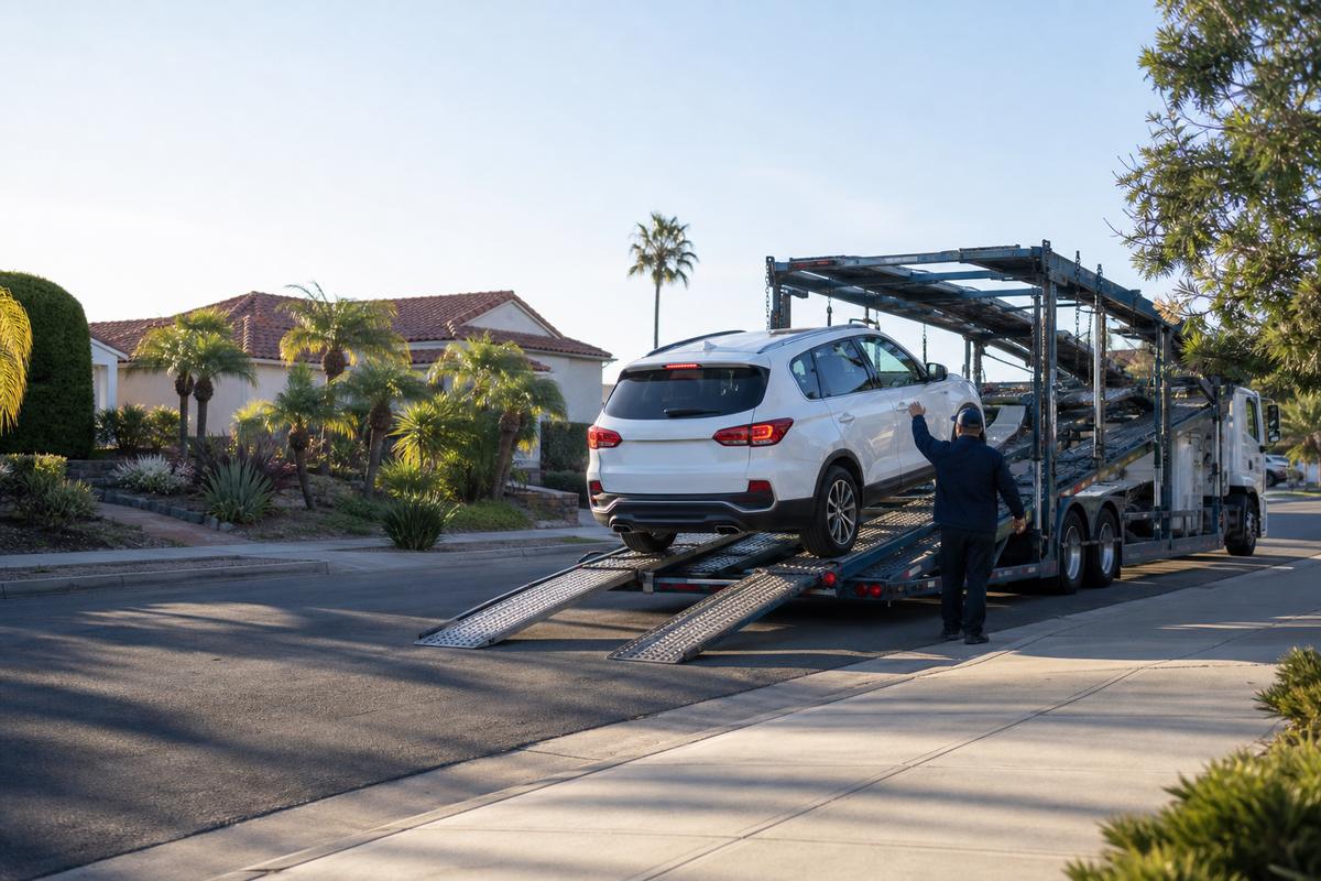 An SUV being driven up the ramps onto an open carrier at the curb