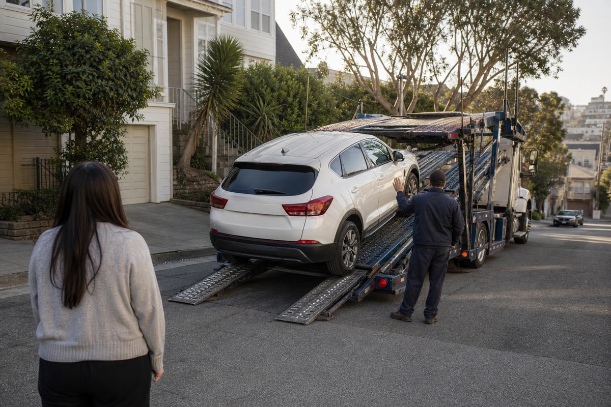 Car delivery in San Francisco An SUV being driven down the ramps off an open carrier at delivery