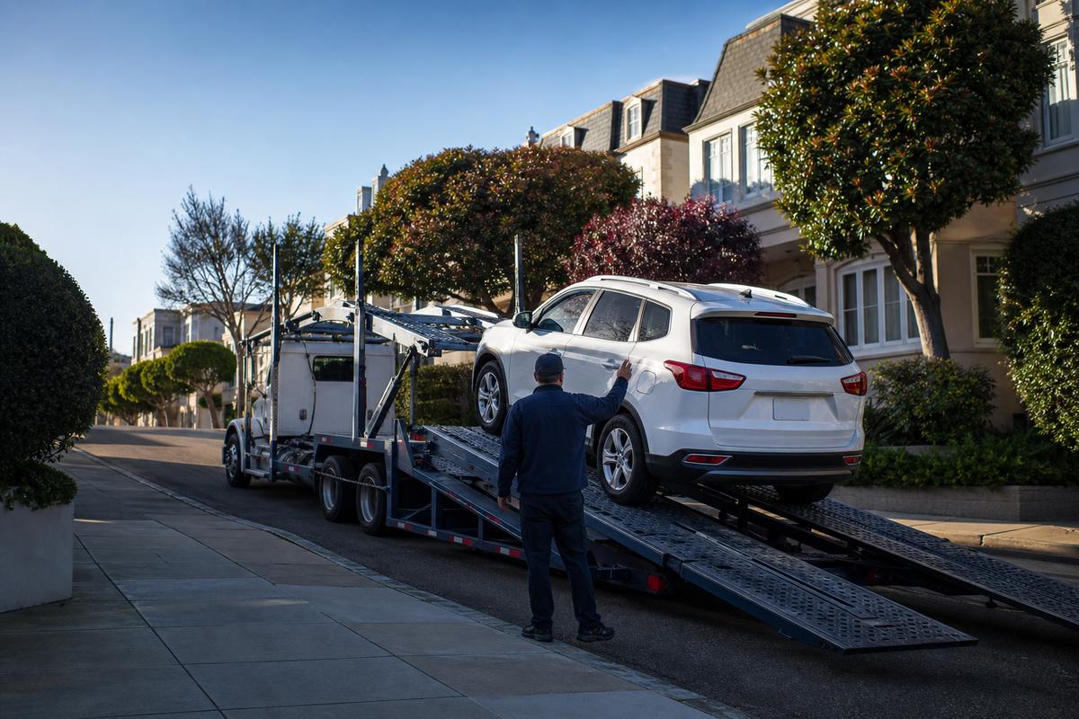Car pickup in San Francisco An SUV being driven up the ramps onto an open carrier at the curb