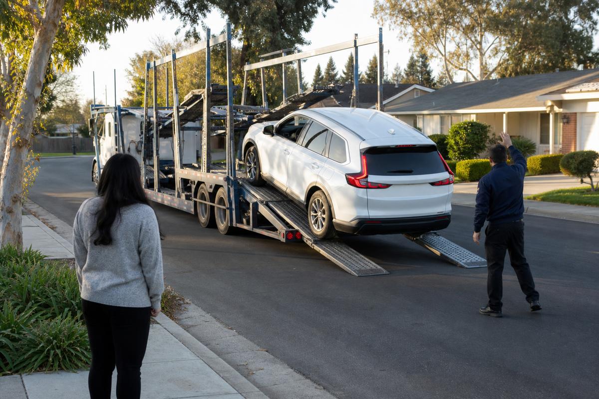 Car delivery in Santa Clara An SUV being driven down the ramps off an open carrier at delivery