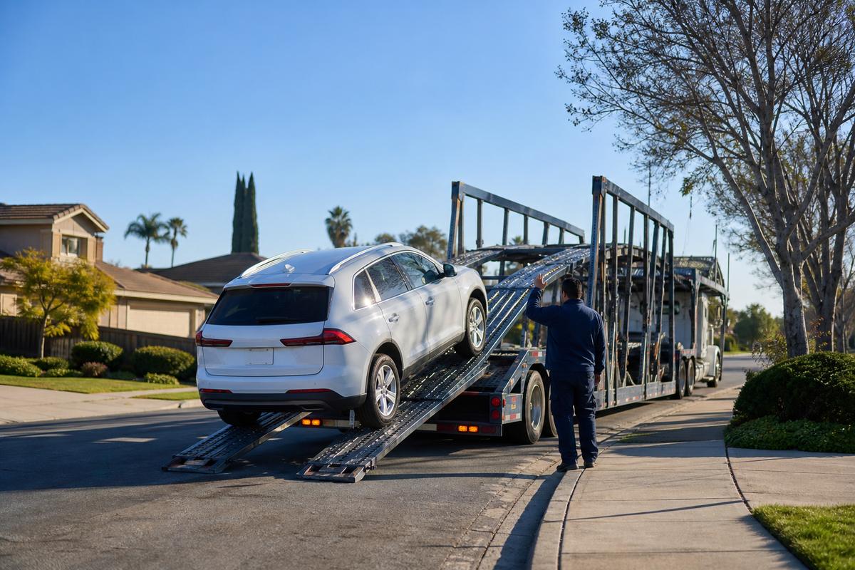 Car pickup in Santa Clara An SUV being driven up the ramps onto an open carrier at the curb