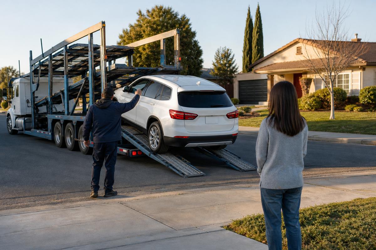 Car delivery in Santa Maria An SUV being driven down the ramps off an open carrier at delivery