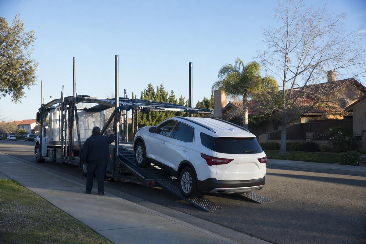 Car pickup in Santa Maria An SUV being driven up the ramps onto an open carrier at the curb