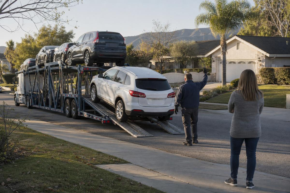 Car delivery in Simi Valley An SUV being driven down the ramps off an open carrier at delivery