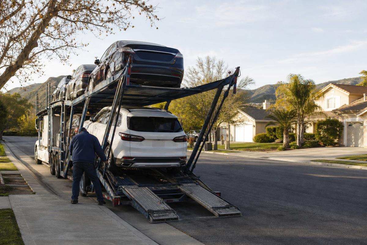 Car shipping in Simi Valley An open auto carrier unloading on a residential street
