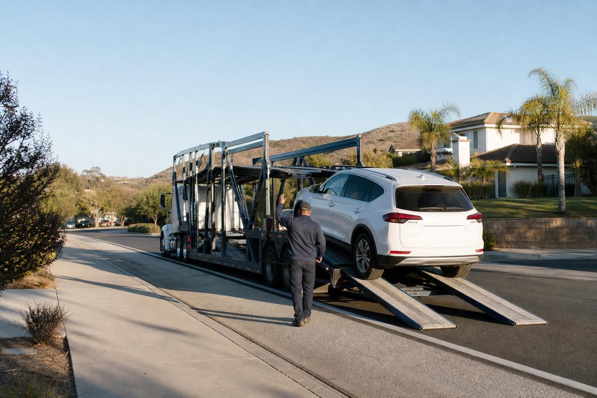 Car pickup in Simi Valley An SUV being driven up the ramps onto an open carrier at the curb